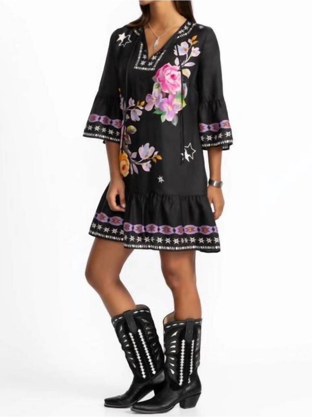 Johnny Was Hailee Floral-Print Flounce Mini Shift Dress Size S